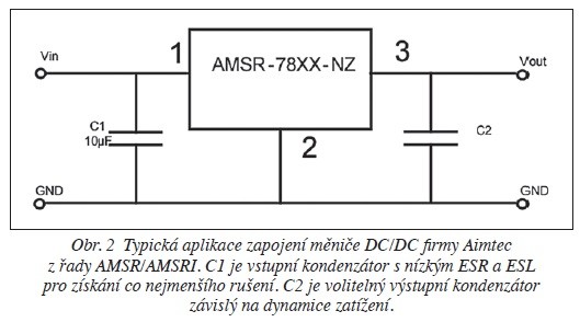 Obr. 2 Typická aplikace zapojení měniče DCDC firmy Aimtec z řady AMSRAMSRI.